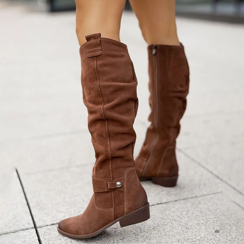 Boots Women Knee High Boots Solid Color Suede Lady Flats Winter Warm Comfortable Female Shoes Point Toe Sexy Zipper Low Heel Tall Boot