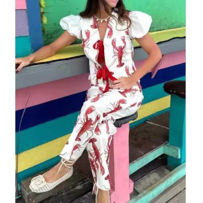 2025 Summer Women Fashion Printed Cartoon Lobster Pants Sets Lace Up Short Puff Sleeve Shirt Straight Trouser Lady Outfit Clothing M250707