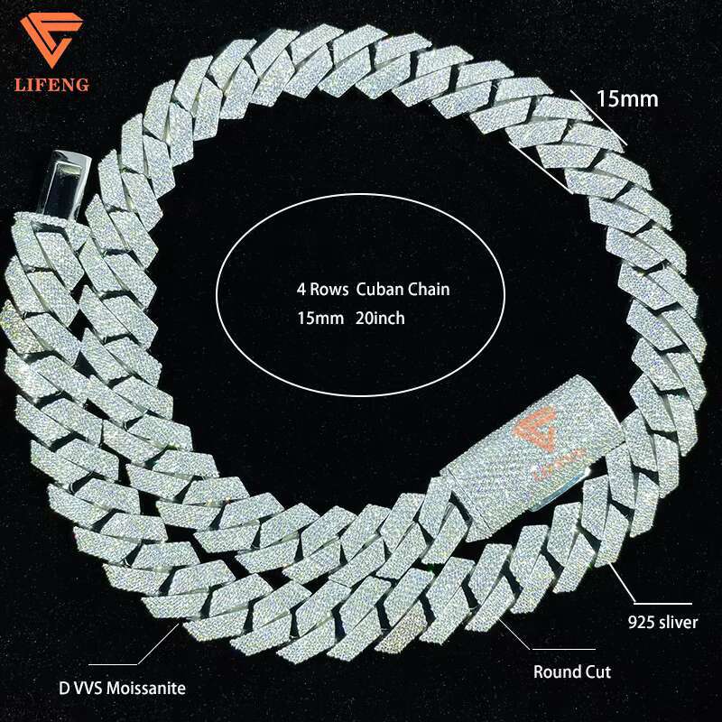 White Gold VVS Moissanite Cuban Link Necklace 15mm 4row Diamond Chain 925 Sterling Silver Fine Hip Hop Jewelry for Men