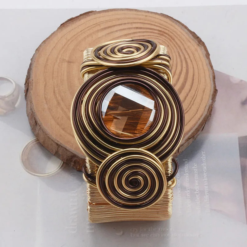 Exaggerated Metal Wire Winding Cuff Bangles Big Brown Rhinestone Heavy Metal Bracelet For Women Personality Jewelry Gifts 250701