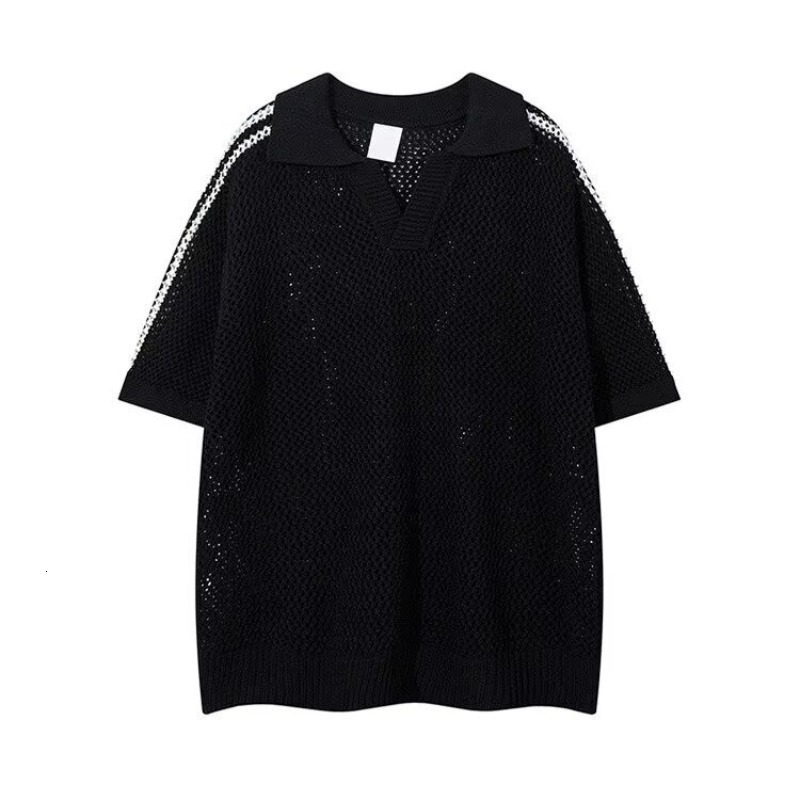 Summer Color-block Hollow Short Sleeve Designer Short Sleeves Polo Shirt For Men American Style Sports Casual Loose Design Turn-down Collar Knitted To