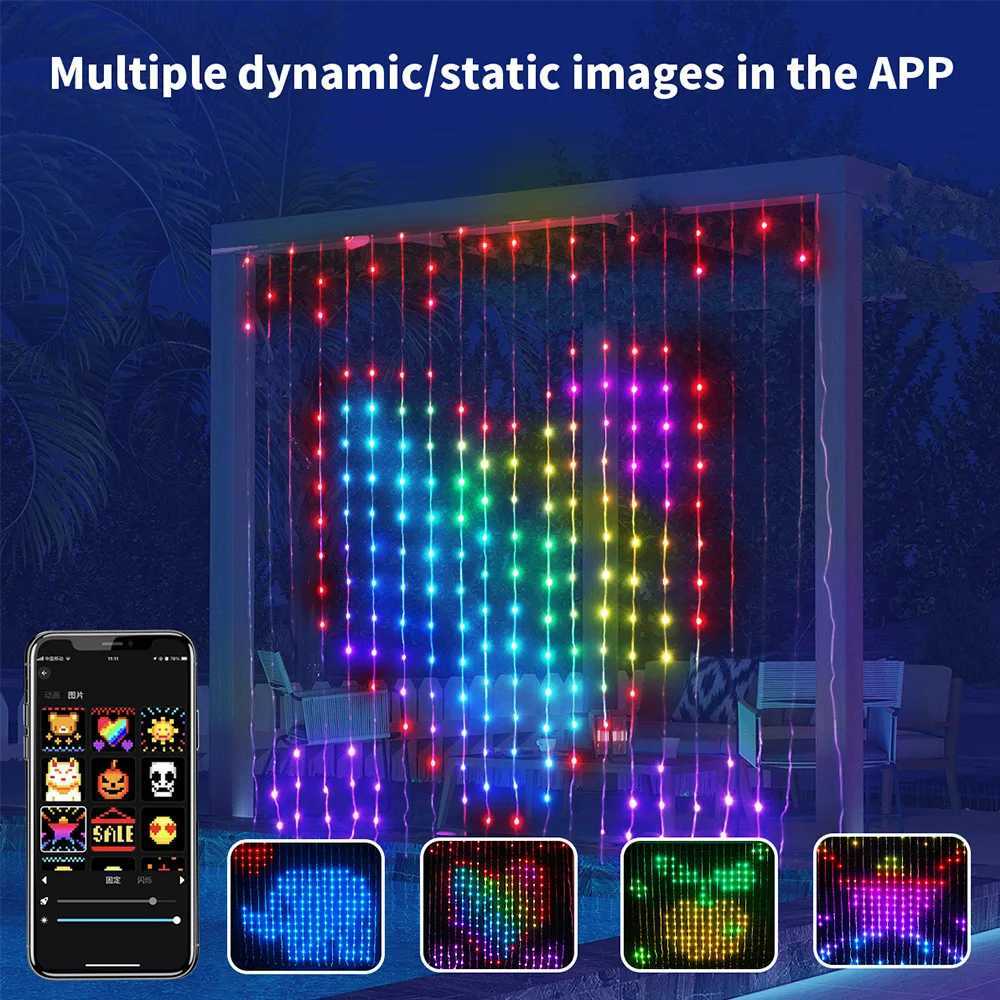 Smart Curtain Lights Bluetooth App Control RGBIC LED String Waterproof Fairy Light USB DIY Text Pattern Display Party Room Decor W250701