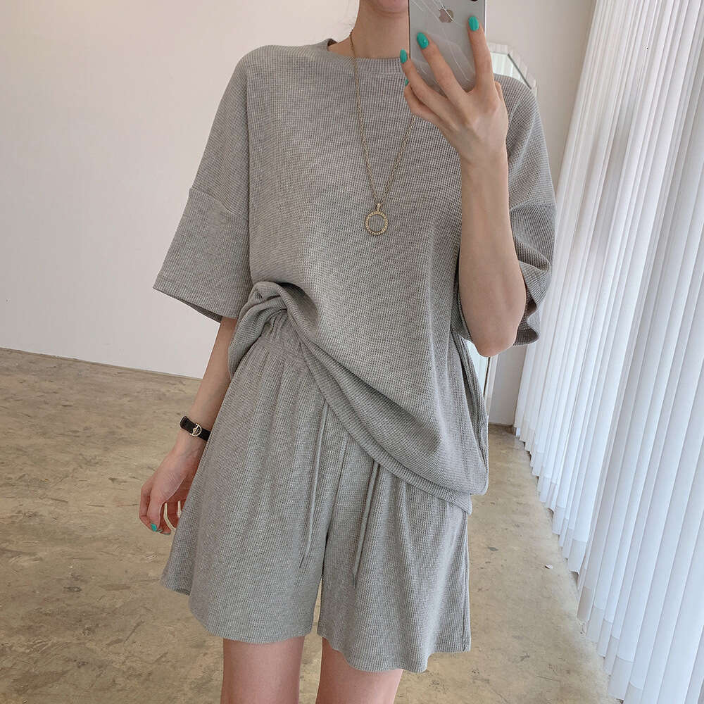 Korean Chic Summer Simple Round Neck Short Sleeve T-Shirt Set For Women High Waist Loose Wide Leg Casual Shorts Trendy B5