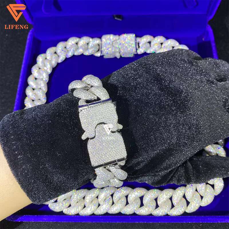 Hiphop Moissanite Chain Ice 20mm 8rows Bubble Cuban Link Chain 925 Silver Cuban Necklace Set Bracelet Rapper Fine Jewelry