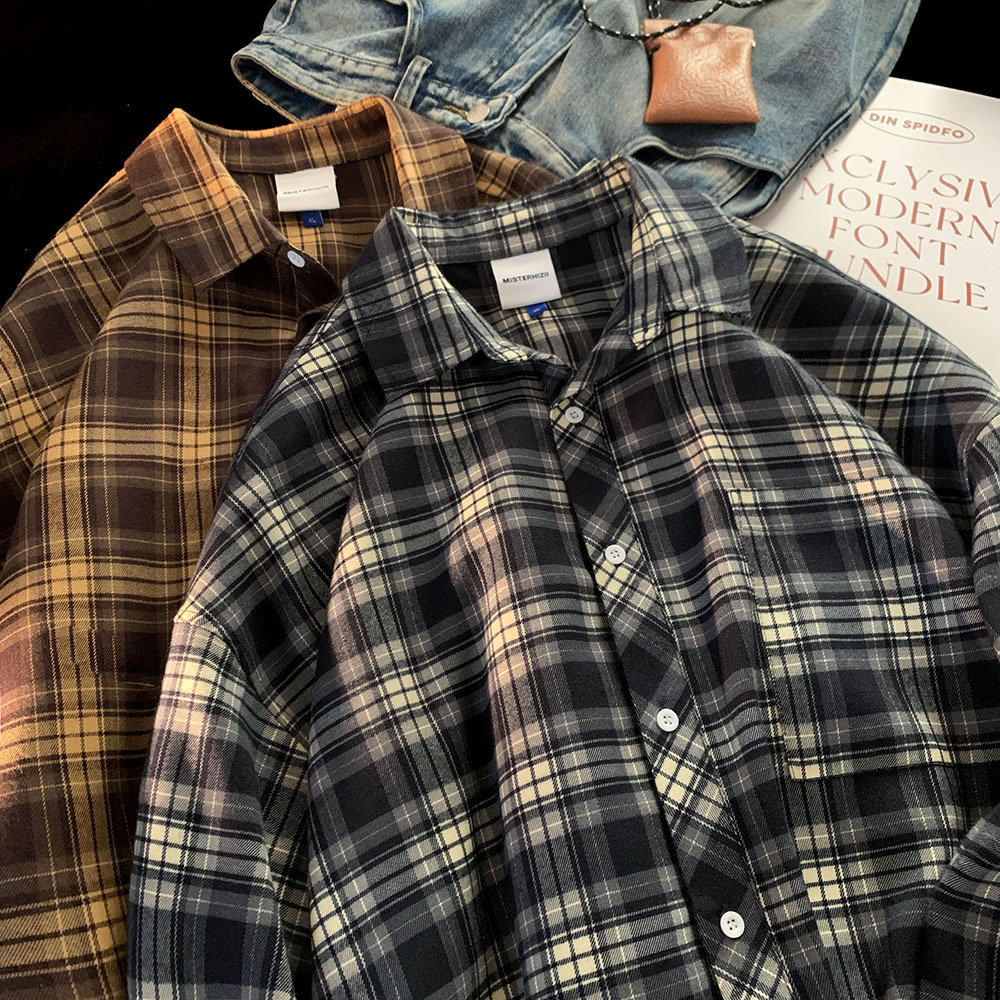 2025 Spring And Autumn Plaid Shirt Men Hong Kong Style Cool High-end Long Sleeve Shirt Designer Short Sleeves Trendy Japanese Style Inner Wear Thin Ja