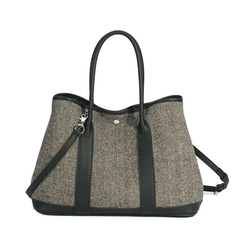 Leather Bag Bucket Bag New Style Linen Cotton Fabric With Top Layer Cowhide Garden Genuine Leather Handbag Fashion Large Capacity Tote Bag For Women T