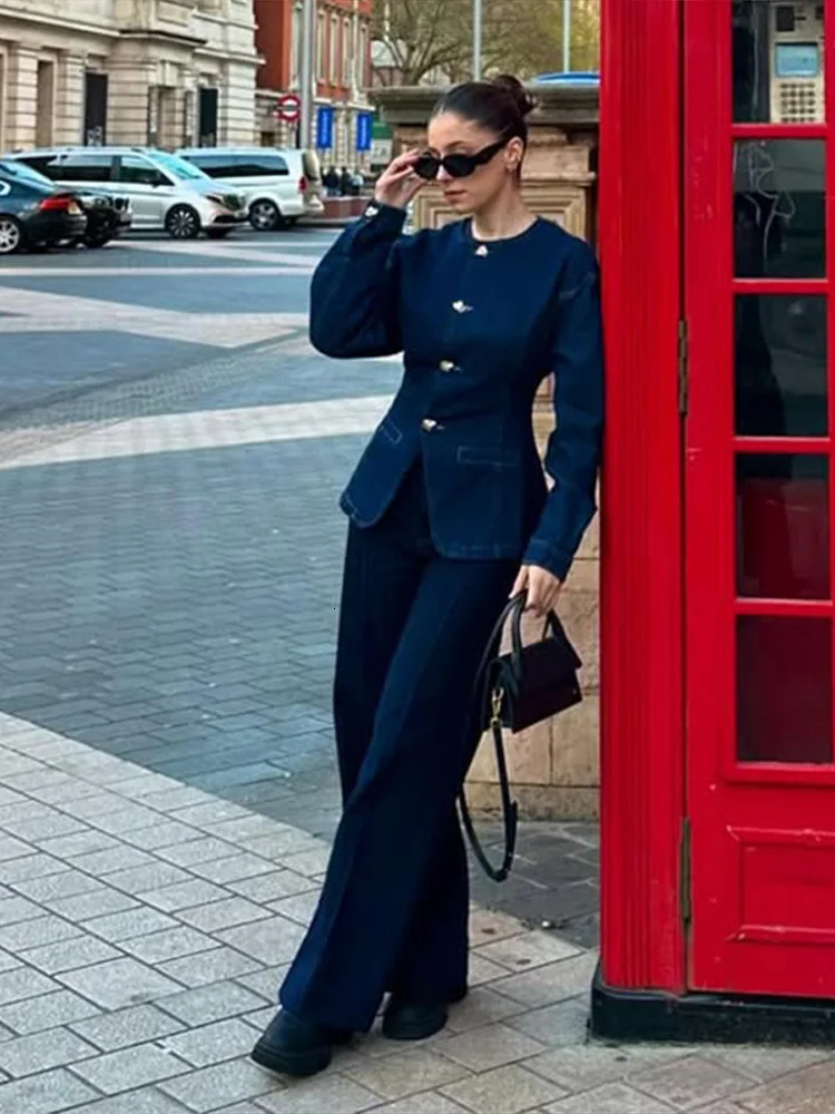 Vintage Denim Jacket Pants Sets Women O-neck Single Breasted Long Sleeve Coat Wide Leg Straight Pant 2025 Lady Jeans Outfits 250703