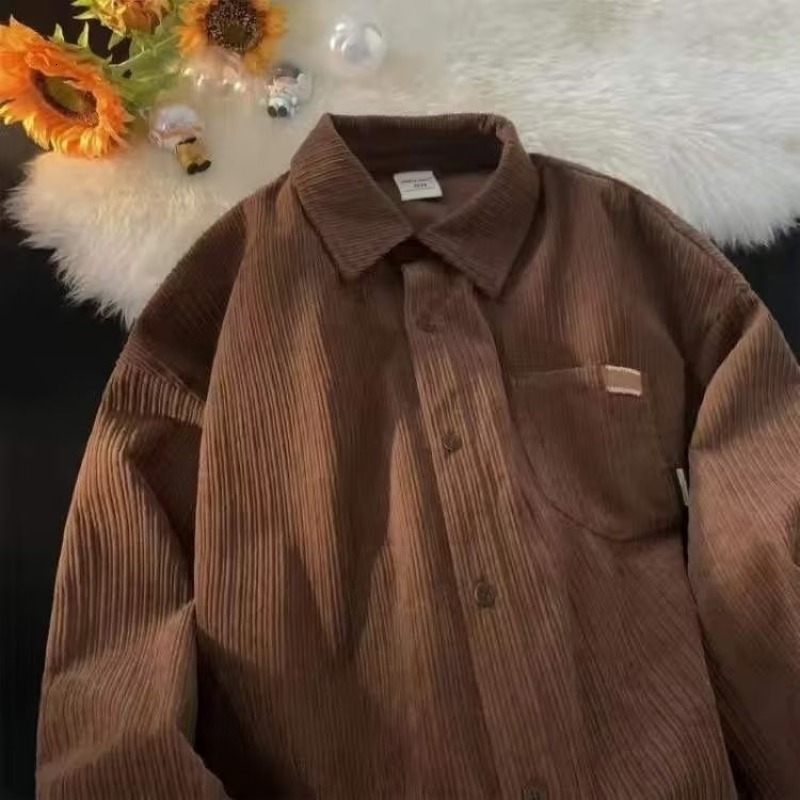Spring And Autumn Designer Short Sleeves Corduroy Long Sleeve Shirt For Men, Trendy Loose Fit, American Retro Style, High-end Feel, Men's Shirt J