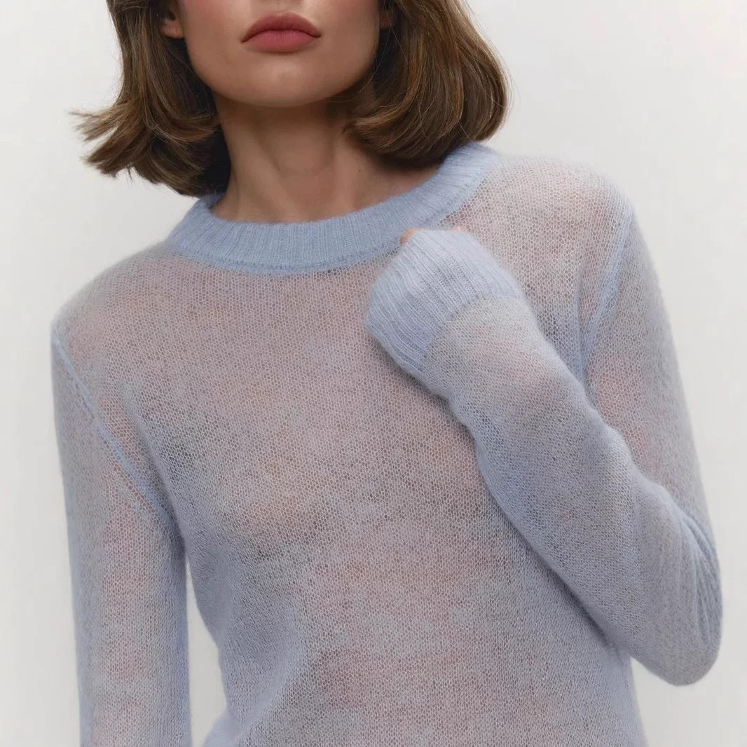 European Style Womens Sheer Mohair Top Soft Hazy Knit Crewneck Pullover