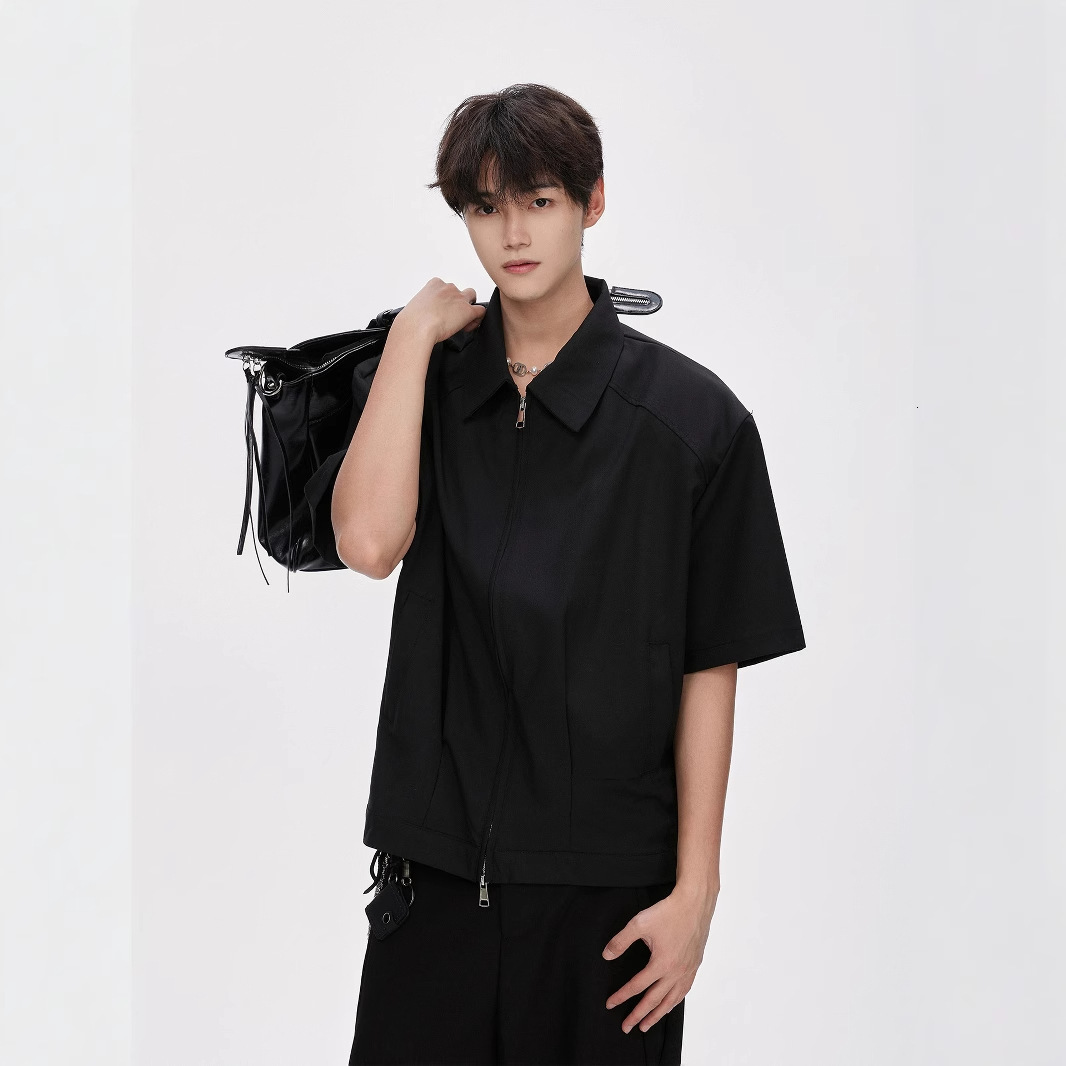Clenafit Double Zipper Short Sleeve Shirt Jacket Men Summer American Style Trendy Brand Designer Short Sleeves Simple Loose Short Padded Shoulder Shir