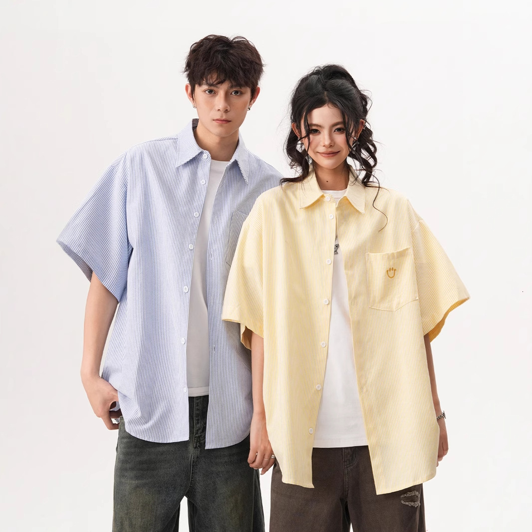 American Style Smiley Face Embroidered Short Sleeve Shirt For Men Designer Short Sleeves And Women, Summer Loose Cuban Collar Striped Half Sleeve Shir