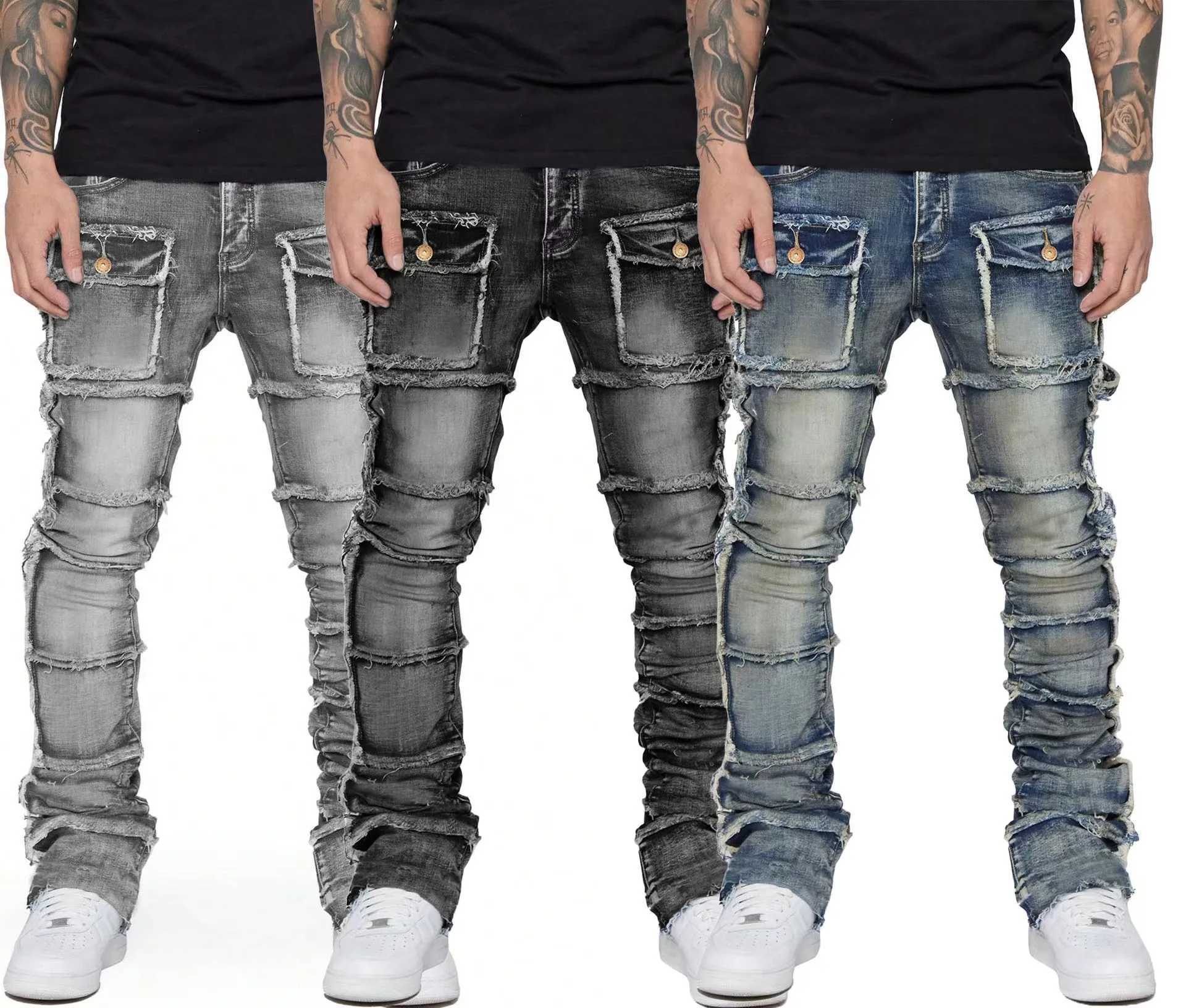 Mens New Wave Stacked Jeans Worn-Out Slim Fit Straight Leg Jeans Fashionable Hip-Hop Denim Pants Casual Streetwear XJ250707
