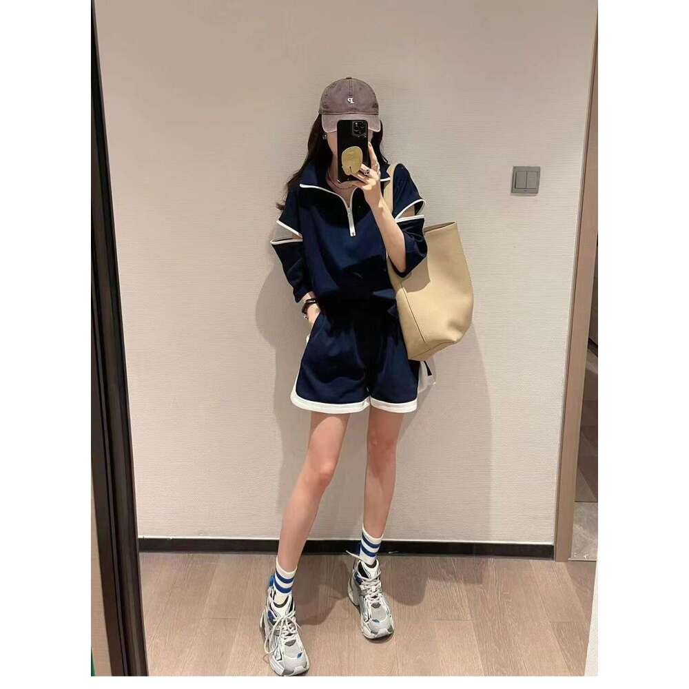 New Fashion Casual Sports Suit For Women With Zipper And Turn-Down Collar Wide-Leg Shorts Two-Piece Set Trendy B5