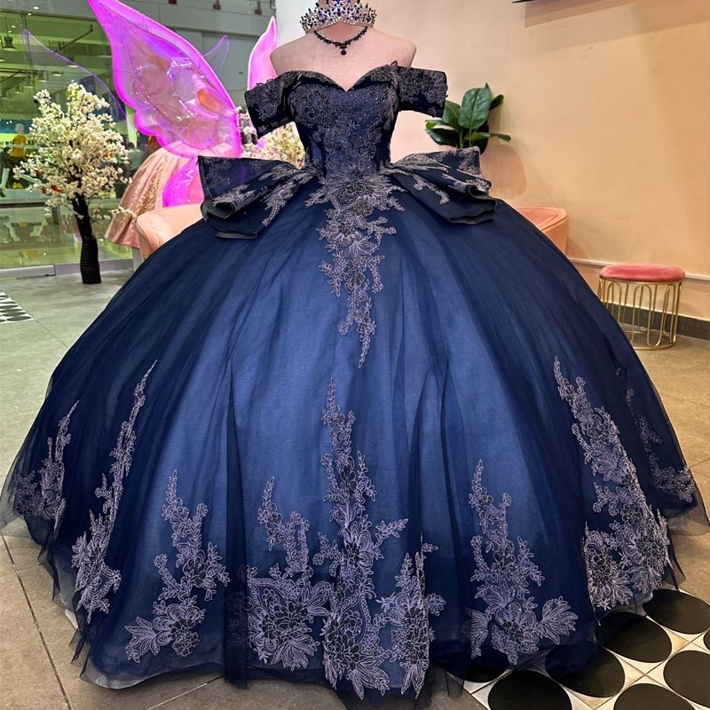 Navy Blue Shiny Quinceanera Dresses Off Shoulder Applique Lace Beads Tull vestidos 15 de anos Ball Gown Birthday Party Sweet 16 Dress