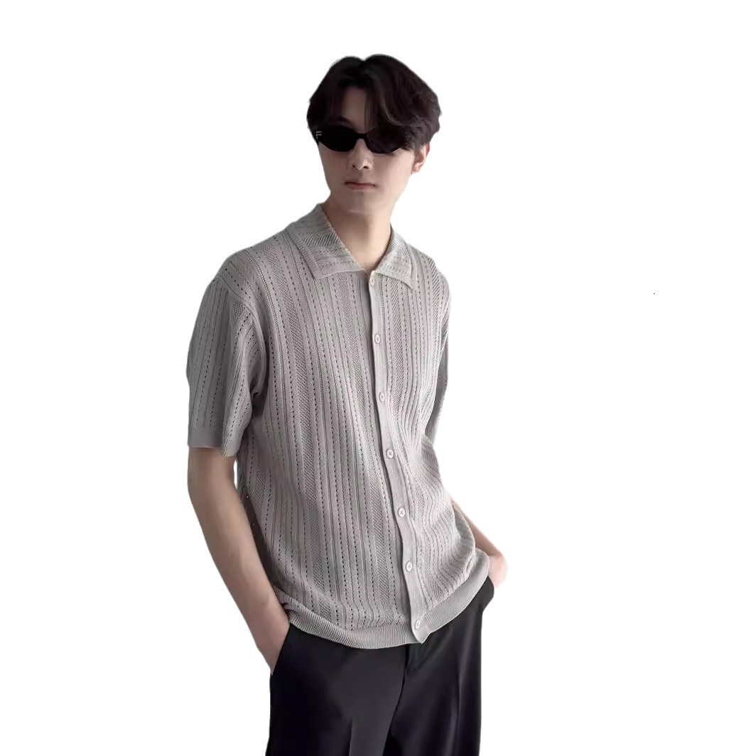 Hong Kong Style Retro Hollow Out Turn-down Collar Short Sleeve Men's Knitted Shirt Fashionable Lace Breathable Shirt Cardigan Designer Sleeves T-