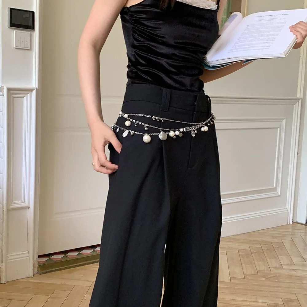 Women's body accessories: Pearl belly button necklace paired with skirt metal chain, sexy pendant, adjustable belly button 250716