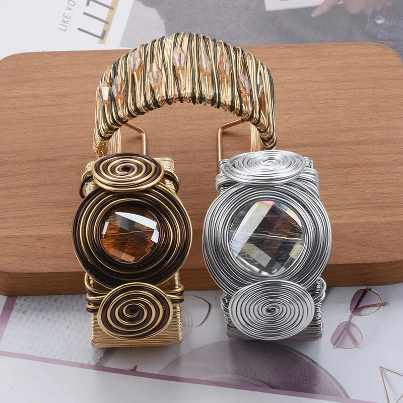 Exaggerated Metal Wire Winding Cuff Bangles Big Brown Rhinestone Heavy Metal Bracelet For Women Personality Jewelry Gifts 250701