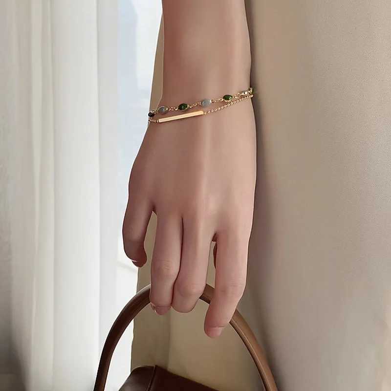 Vintage Double Layer Green Oil Drop Bracelet for Women Simple Gold Color Beaded Chain Adjustable Charm Bracelet Jewelry Gift XJ250707