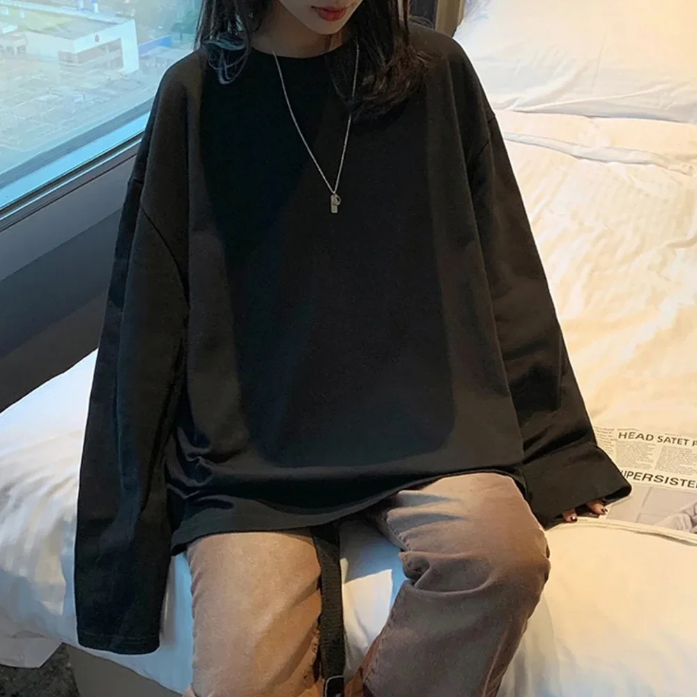 Trendy Cotton Long Sleeve T-Shirt Women Oversize Basic Tee Casual O-neck Tops Simple Streetwear Cozy Versatile T-shirt 250703