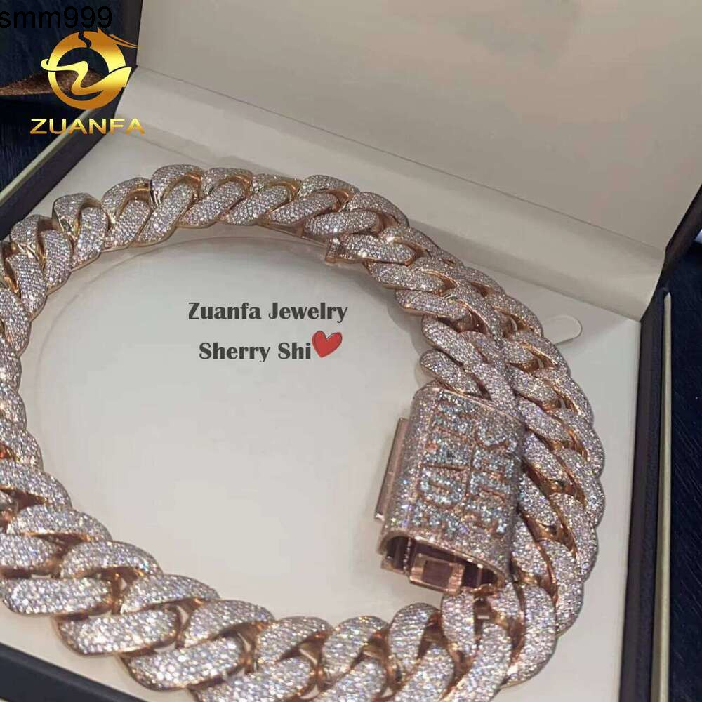 Zuanfa Jewelry Hip Hop Rose Gold Made Miami VVS Moissanite Dia Cuban Link Chain With Custom Name Clasp 25M