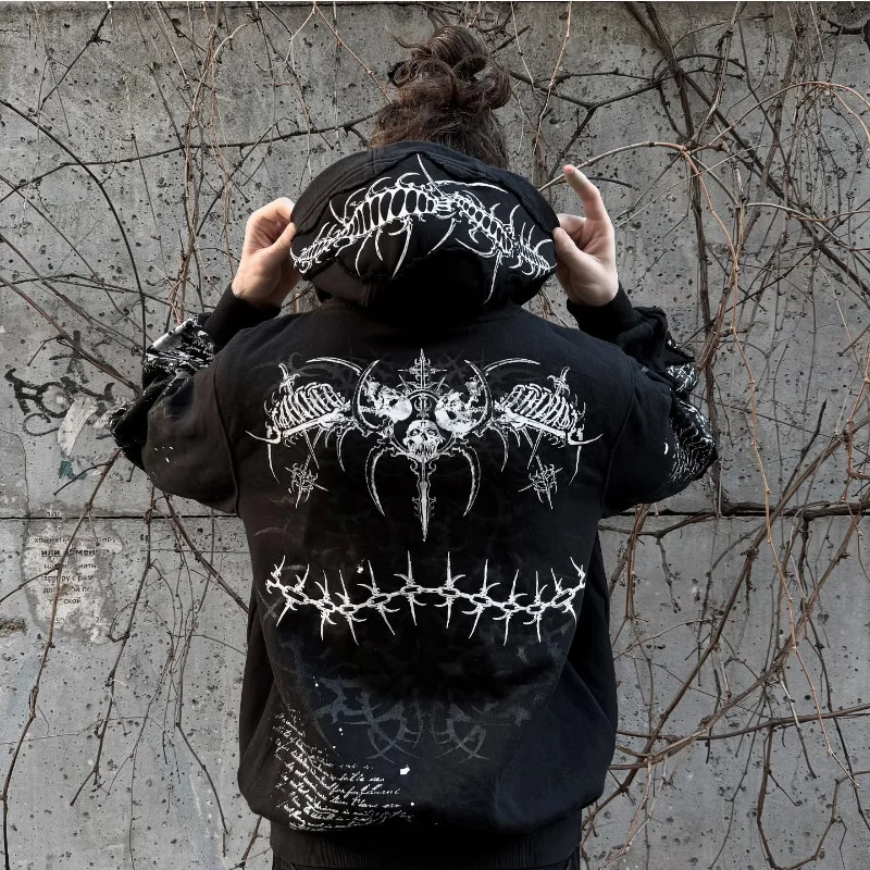 Gothic skull geometric pattern print versatile casual hoodies men Y2K hip-hop street clothing rock and roll oversized sweatshirt 250707