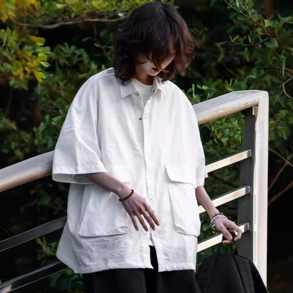 Japanese Style National Trend Multi-pocket Designer Short Sleeves Shirt 2025 Short Sleeve Casual Versatile Loose Couple Commuting Unisex Jacket Summer