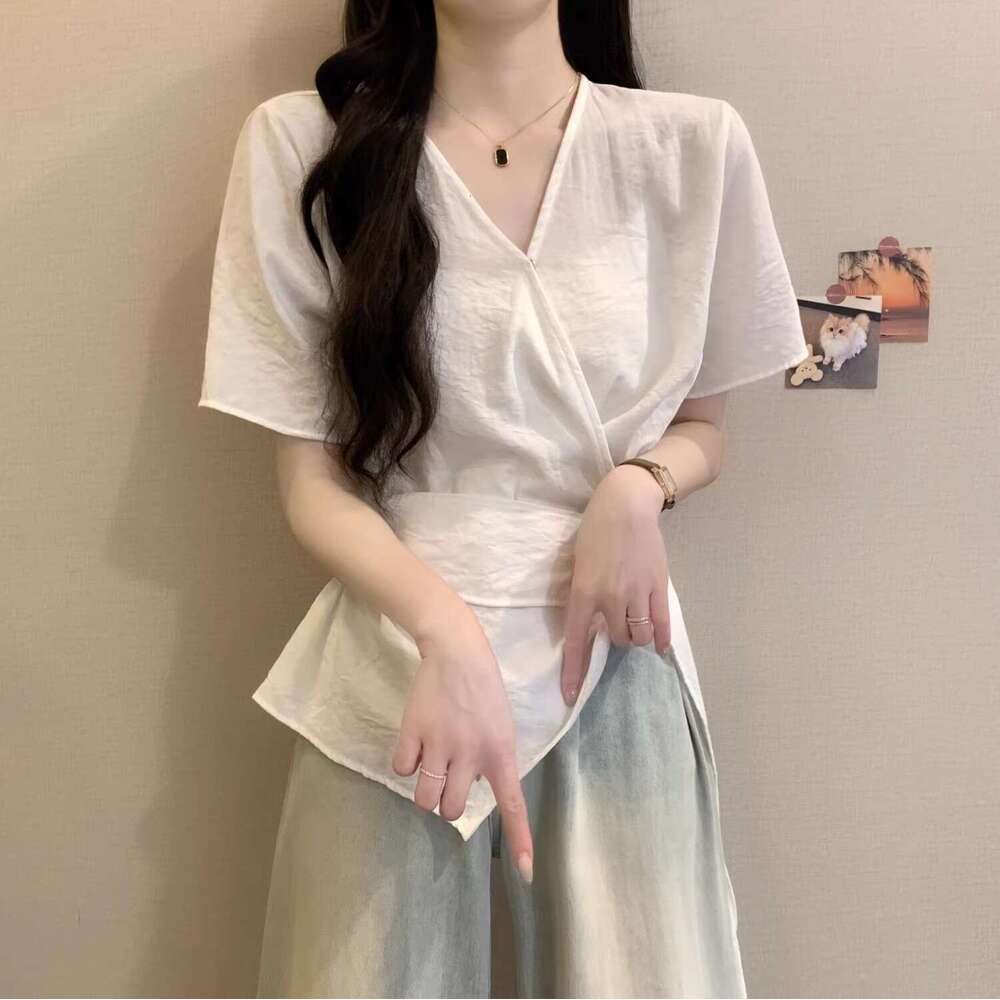 Cloud Wrinkle Short Sleeve Shirt For Women Summer New Large Size Belly Covering Irregular Waist Slimming Top B5