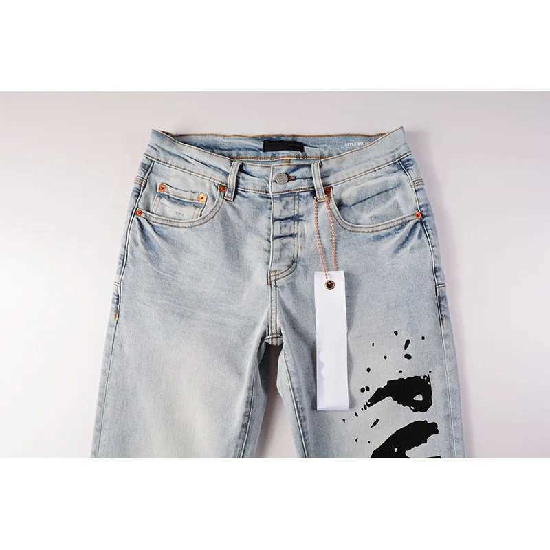 Mens American High Street Fashion Distressed Light Blue Letters Printing Stretch Skinny Button Fly Ripped Jeans XJ250707