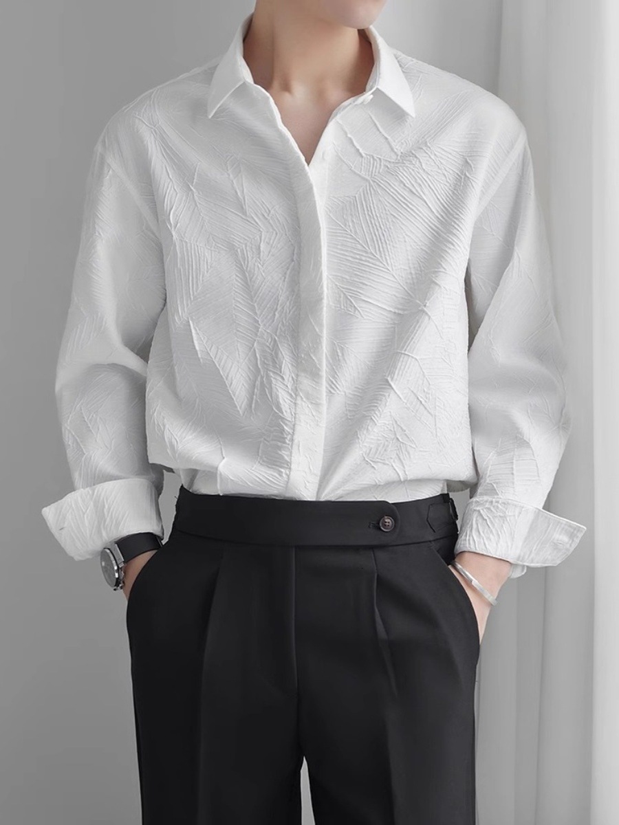 Jacquard High-end Feel Turn-down Collar White Shirt Men Loose Casual Shirt Youth Y2K Stylish Designer Short Sleeves Korean Version Outerwear Top