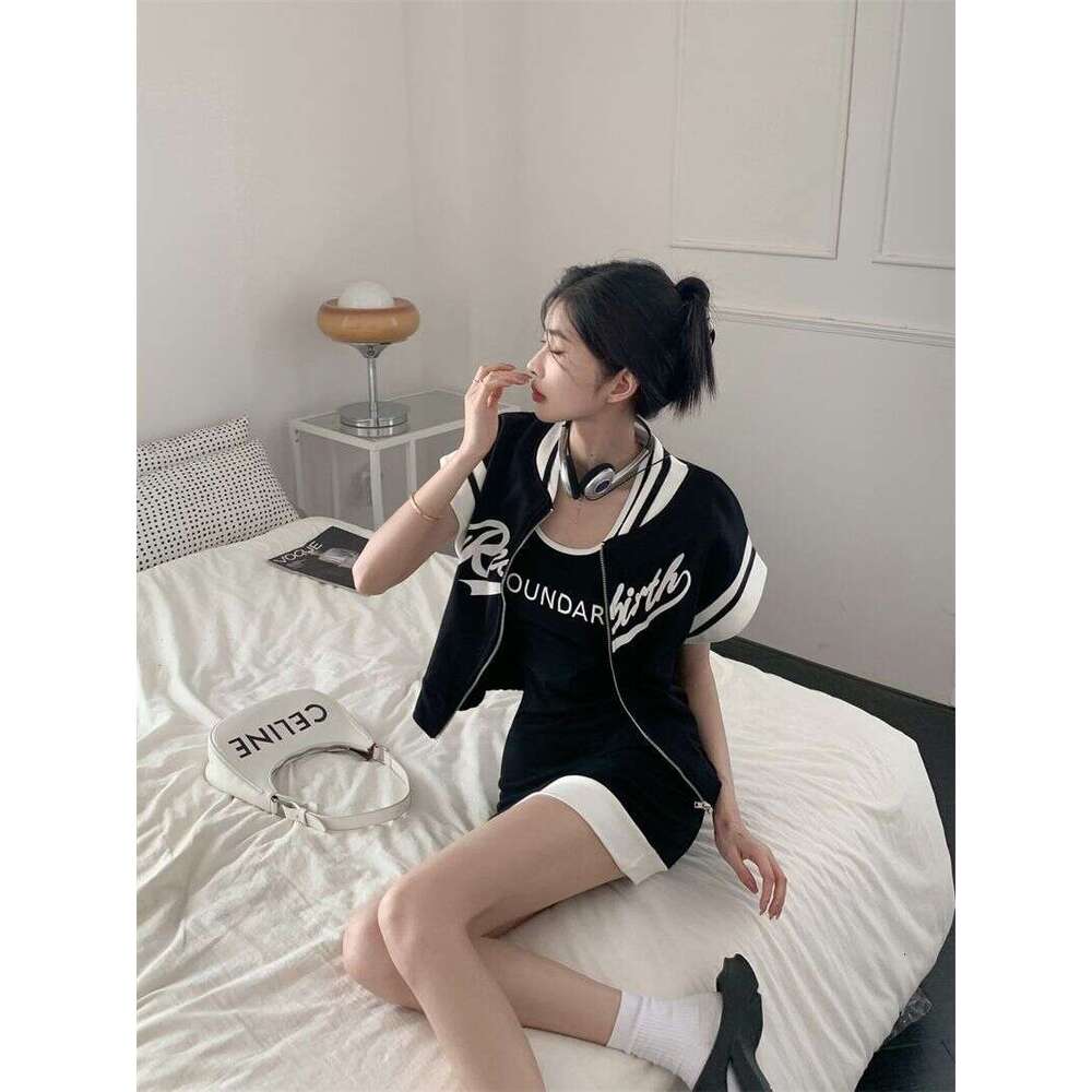 American Style Elegant Round Neck Design Baseball Jacket Slimming Color-Block Vest Dress Summer Two-Piece Set B5