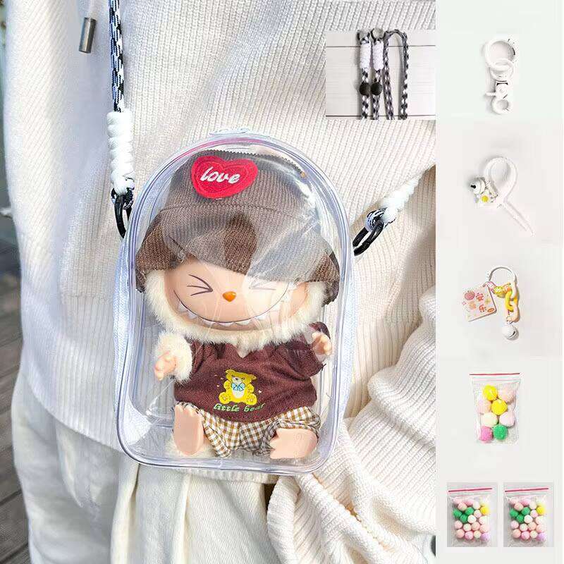 DHgargets Wholesale Cartoon LABUBU Monsters Sit Pose Pink Clear Dustproof Plastic Back Waterproof Shoulder Bag for Gift