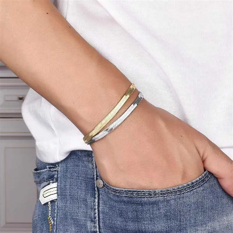 3/4/5mm Gold Plated Stainless Steel Flat Bracelet Waterproof Filmy Snake Chain for Men Women Classic Bracelets Jewelry XJ250707
