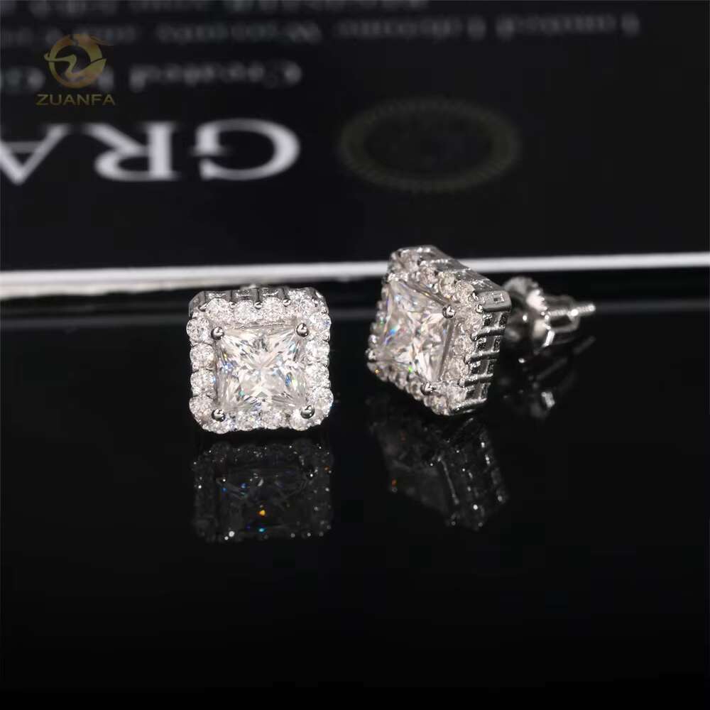 High Quality Iced Out Jewelry Princess Cut Halo 925 Sterling Silver Hip Hop Moissanite Earrings