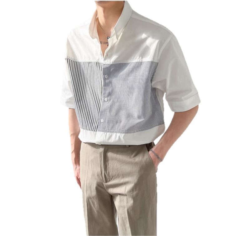 Summer Designer Short Sleeves Thin Top Korean Style Loose Short Sleeve Shirt Men's Trendy Patchwork Striped Five-quarter Sleeve Shirt Men