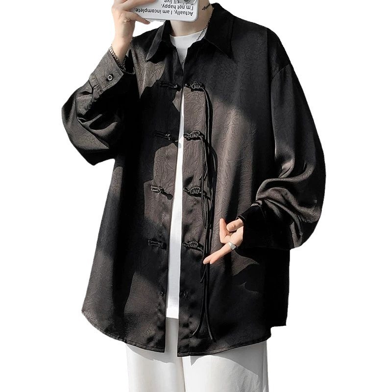 Black Shirt For Men New Chinese Style Button Design High-end Feel Smooth Jacquard Unisex Stand Designer Short Sleeves Collar Shirt Jacket