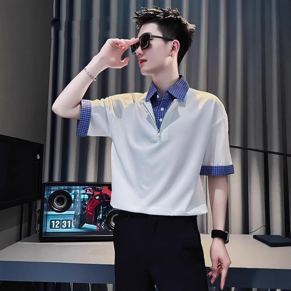 High-end Fake Designer Short Sleeves Two-piece Polo Shirt Men's Short-sleeved T-shirt 2025 New Summer Ice Silk Three-quarter Sleeve V-neck Shirt 