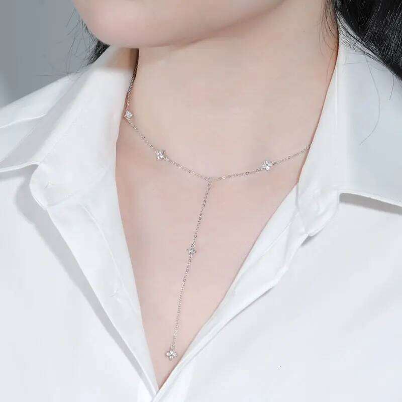 IOGOU Moissanite Flower Clover Drop Lariat Necklace for Women Y Shape Long Chain Sterling Sier Layered Trend Jewelry