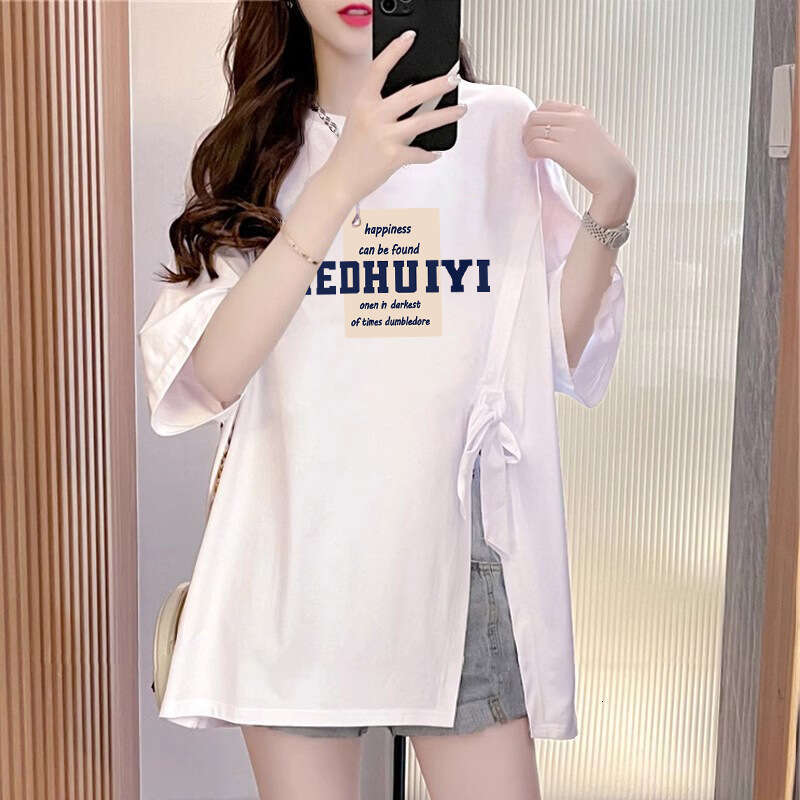 Fashion Subtle Design Sense Split Cotton Short Sleeve Mid-Length Lazy Style Printed Women's T-Shirt B5