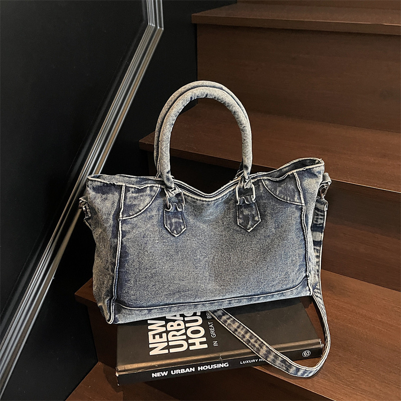 Free shipping designer Hong Kong Style Retro Large Capacity Denim Bag for Women New Trendy Fashion Handbag Commuter Bag Casual Shoulder Bag Tote Bag