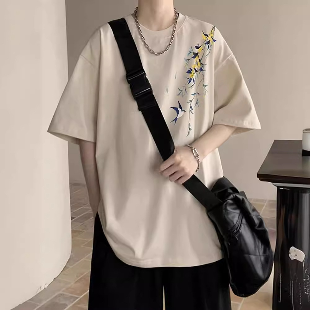 Burgundy New Chinese Style Designer Short Sleeves Short Sleeve Men's T-shirt Chinese Style Heavyweight 200g Summer Trendy Brand Cleanfit Pure Cot