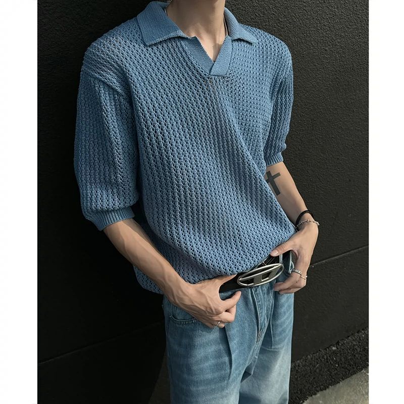 Knitted Short Sleeve Designer Short Sleeves Men's Summer American High Street Polo Shirt Turn-down Collar Half Sleeve Top High-end Cool Pullover 