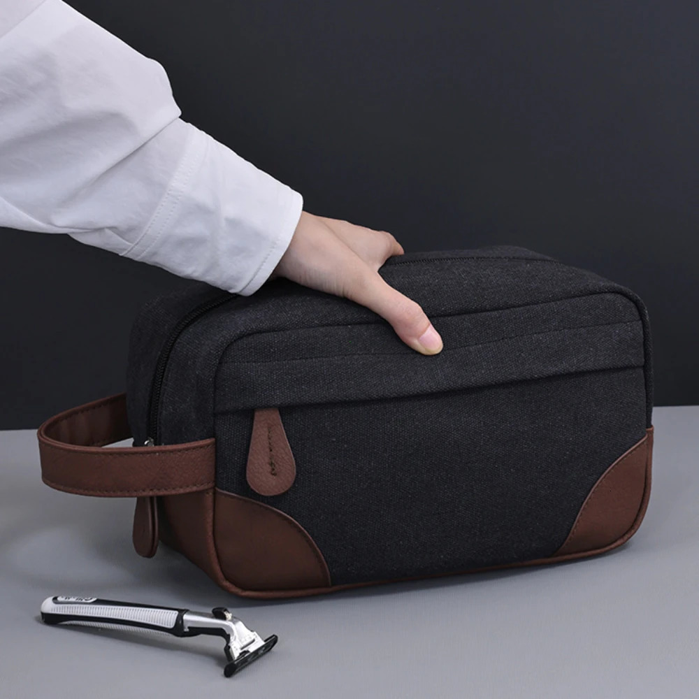 Large Capacity Leather Canvas Men Wash Shaving Women Toiletry Storage Waterproof Makeup Travel Organizer Retro Cosmetic Bag 2025 250701