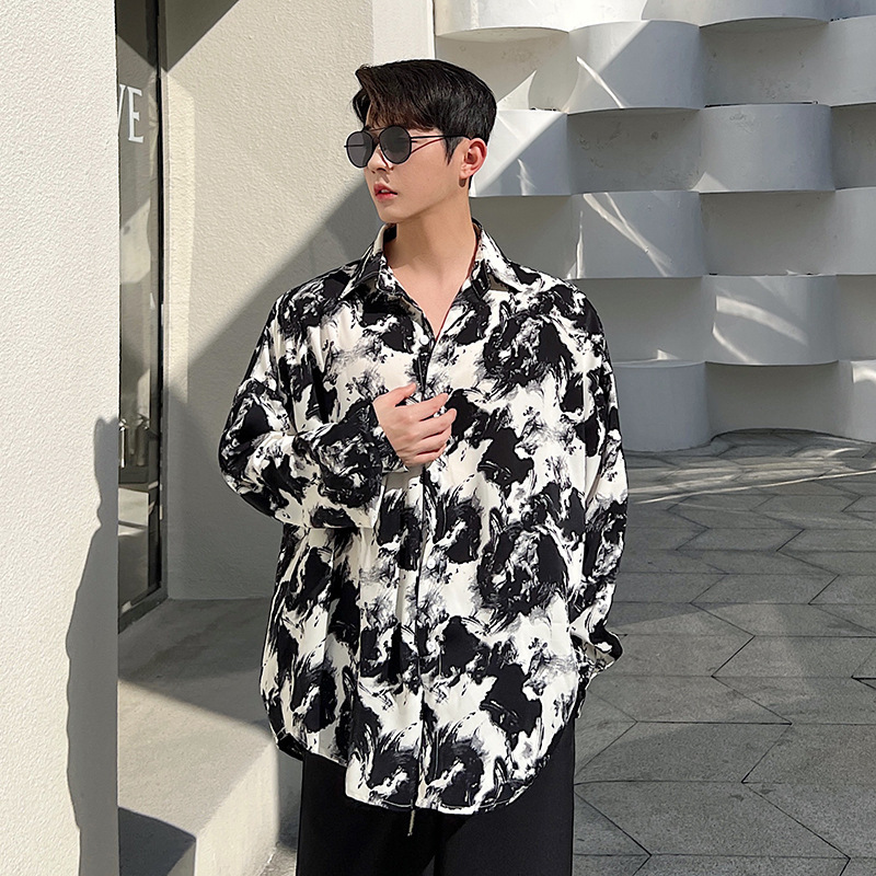 Summer Designer Short Sleeves Retro Ink Painting Print Flowy Shirt Men Long Sleeve Korean Version Loose Cool High-end Shirt Hairstylist