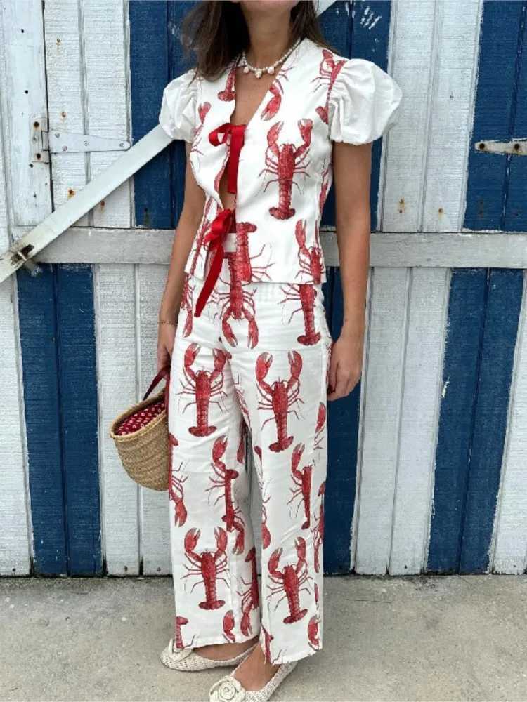 2025 Summer Women Fashion Printed Cartoon Lobster Pants Sets Lace Up Short Puff Sleeve Shirt Straight Trouser Lady Outfit Clothing M250707
