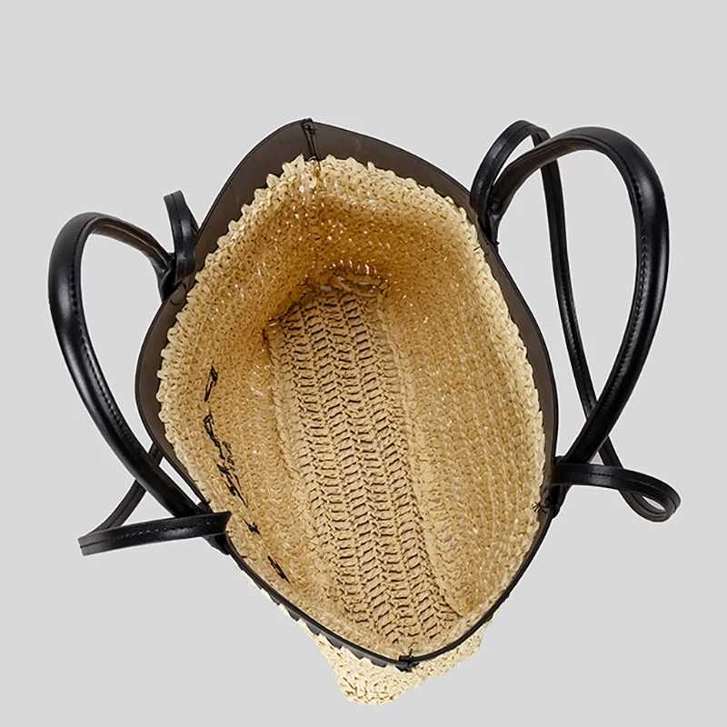 2025 Womens Fashion Splicing Straw Woven Handbag Casual Alphabet Paper Woven Handbag Shoulder Bag Z250707