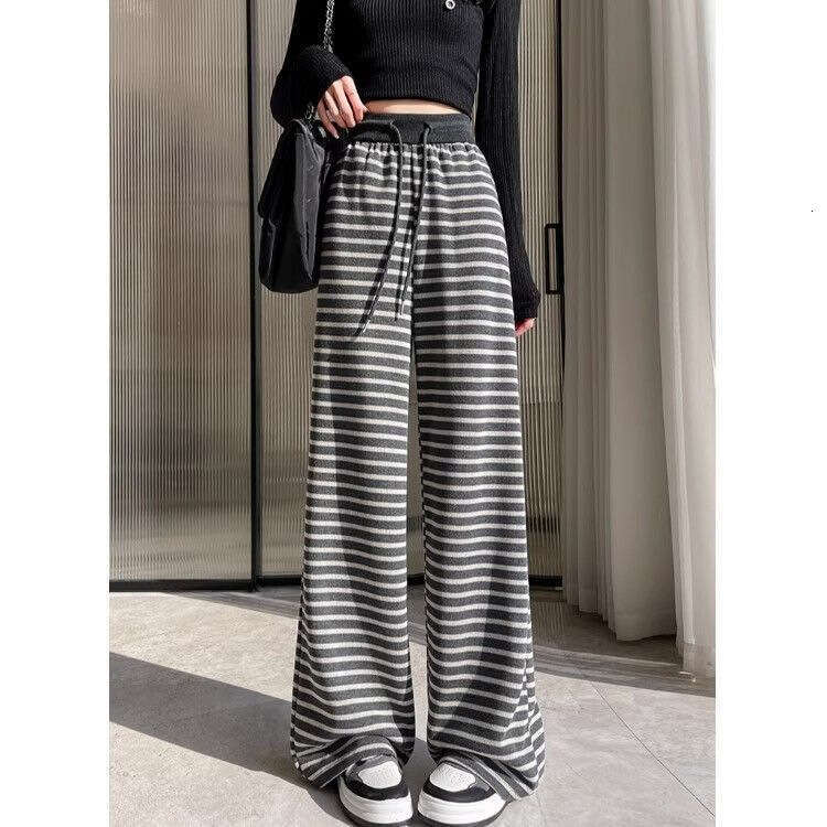 Striped Wide-Leg For Women Spring New Elastic Waist Drawstring Lazy Loose High-Waist Draped Casual Sports Pants B5