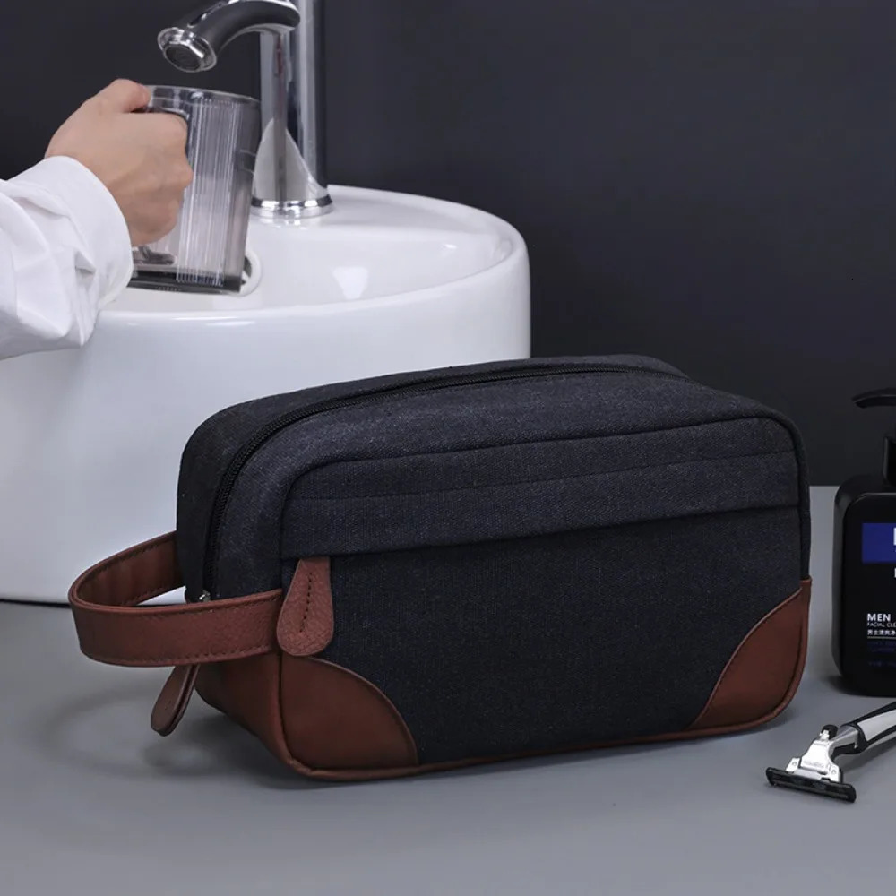 Large Capacity Leather Canvas Men Wash Shaving Women Toiletry Storage Waterproof Makeup Travel Organizer Retro Cosmetic Bag 2025 250701
