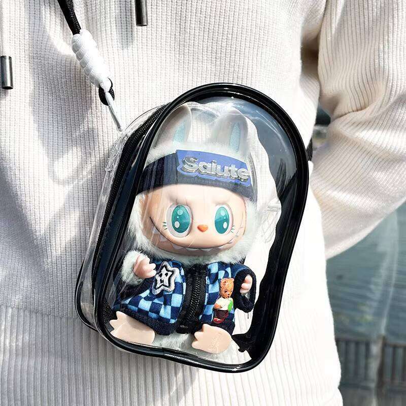 DHgargets Wholesale Cartoon LABUBU Monsters Sit Pose Pink Clear Dustproof Plastic Back Waterproof Shoulder Bag for Gift