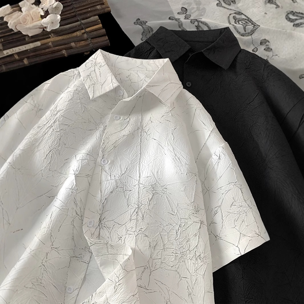 Pleated Ice Silk Short Sleeve Shirt For Men, Summer Thin Designer Short Sleeves Cool Trendy Handsome High-end Casual Fashion Shirt Jacket