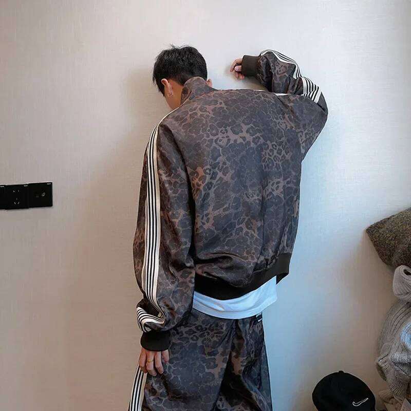 Vintage Leopard Print Sports Suit Jacket Sweatpants For Men Hip Hop Style Digital Printing Striped Vest